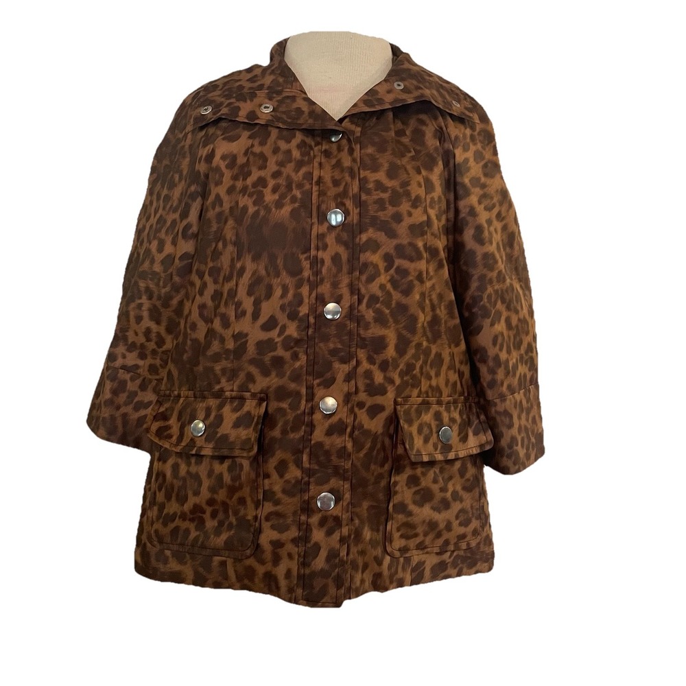 Susan Graver XS Leopard Animal Print Snap Water Resistant‎ Rain Jacket Coat